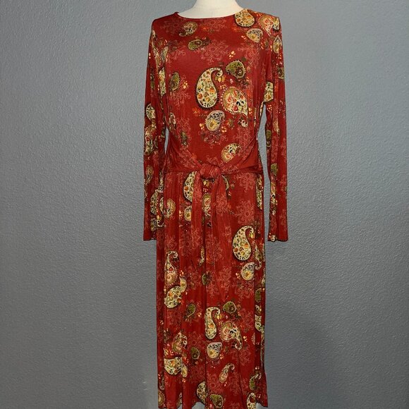 JOHNNY WAS PAISLEY PRINT DRESS STRETCH KNIT PULL OVER LONG SLEEVES SIDE SLITS -L - Picture 1 of 16